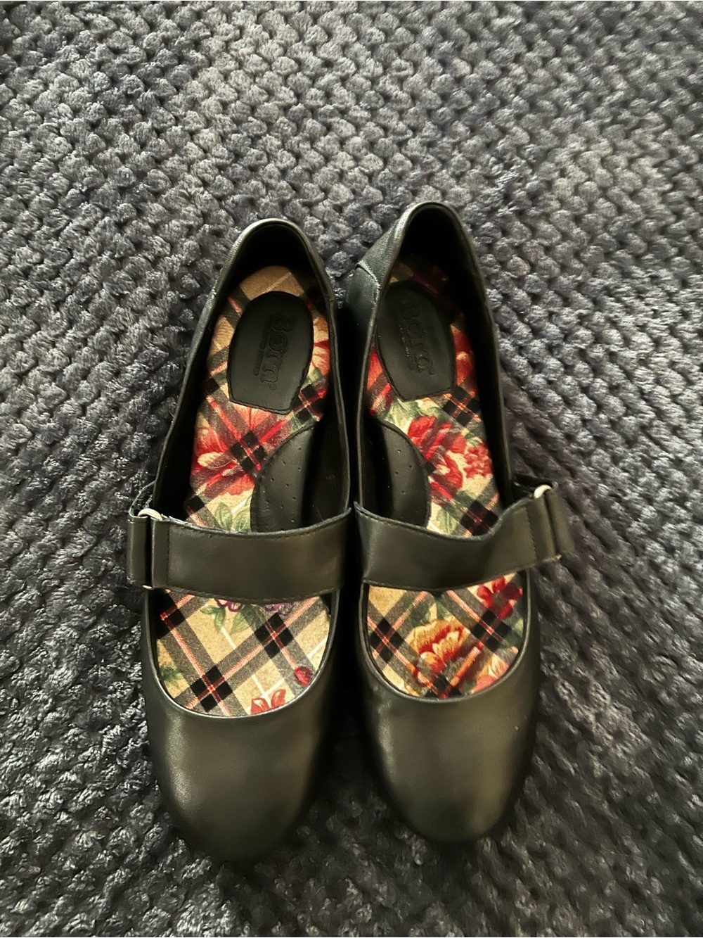 Born Black Mary Jane Flats with Floral Plaid Insole